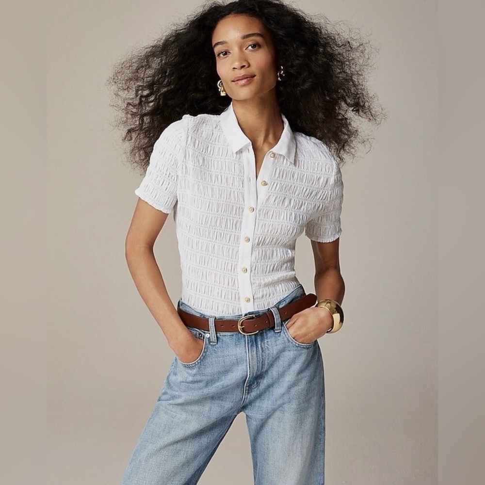 J. Crew Women’s Smocked Button-Up Shirt in Cotton-Blend Voile White Size 2X NWT